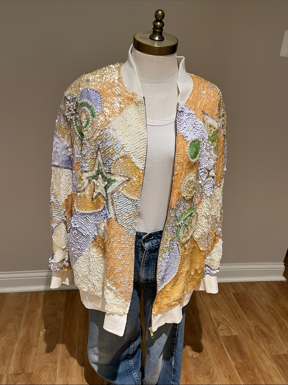 1980’-90’s IB Diffusion sequin pearls neutral  baseball jacket zip front  16W